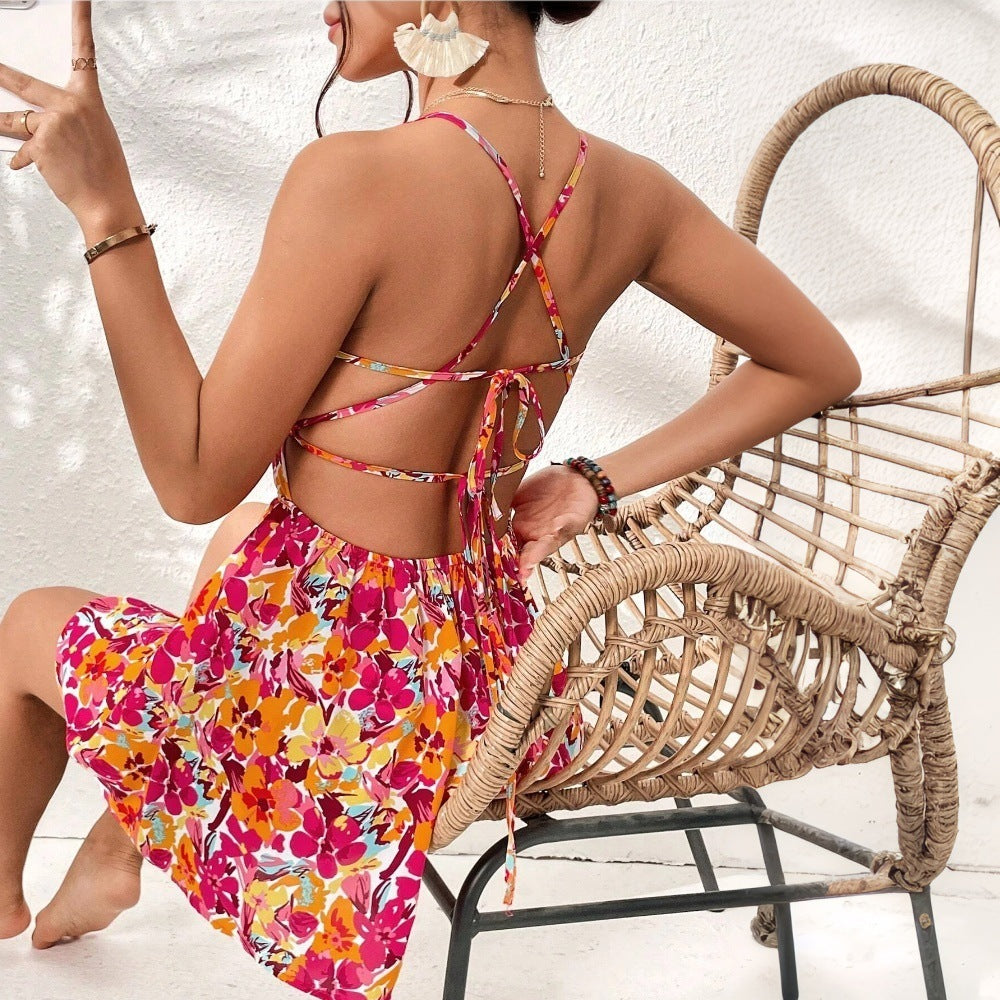Vestido corto de verano con estampado floral y espalda con cordones para mujer, ideal para vacaciones en la playa.