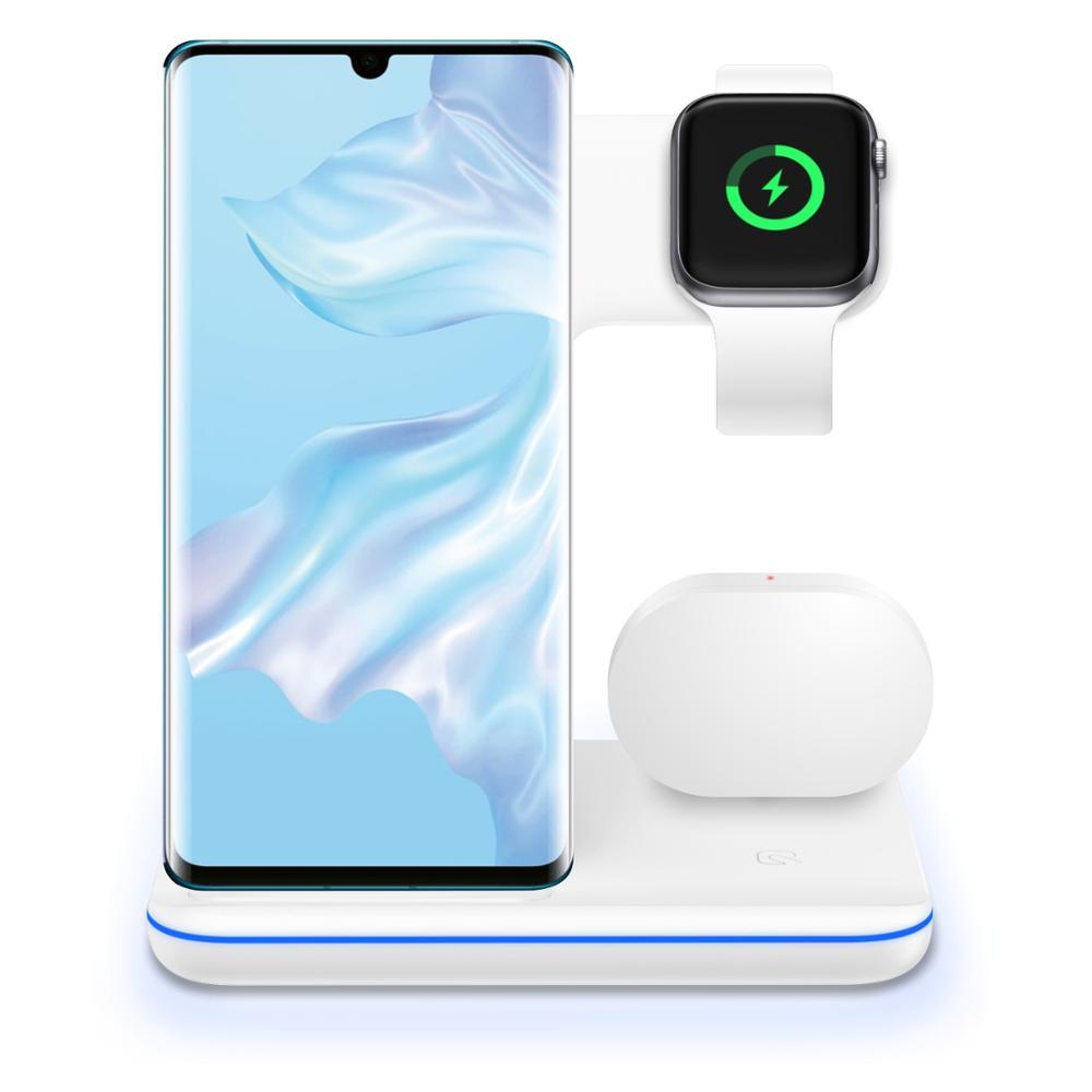 Cargador inalámbrico 3 en 1 compatible con teléfono móvil, reloj y auriculares.