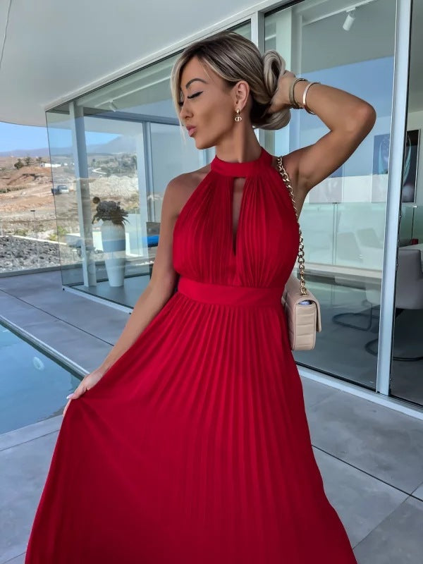 Vestido plisado con cuello halter para mujer de verano
