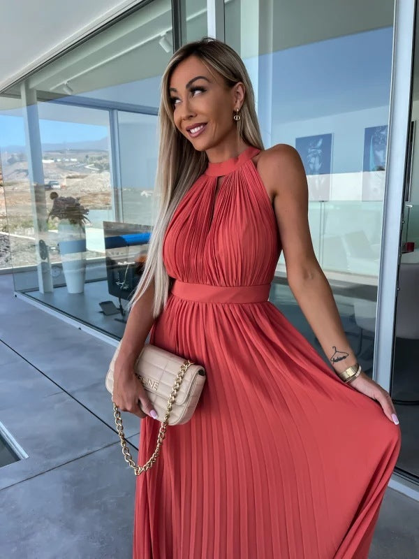 Vestido plisado con cuello halter para mujer de verano