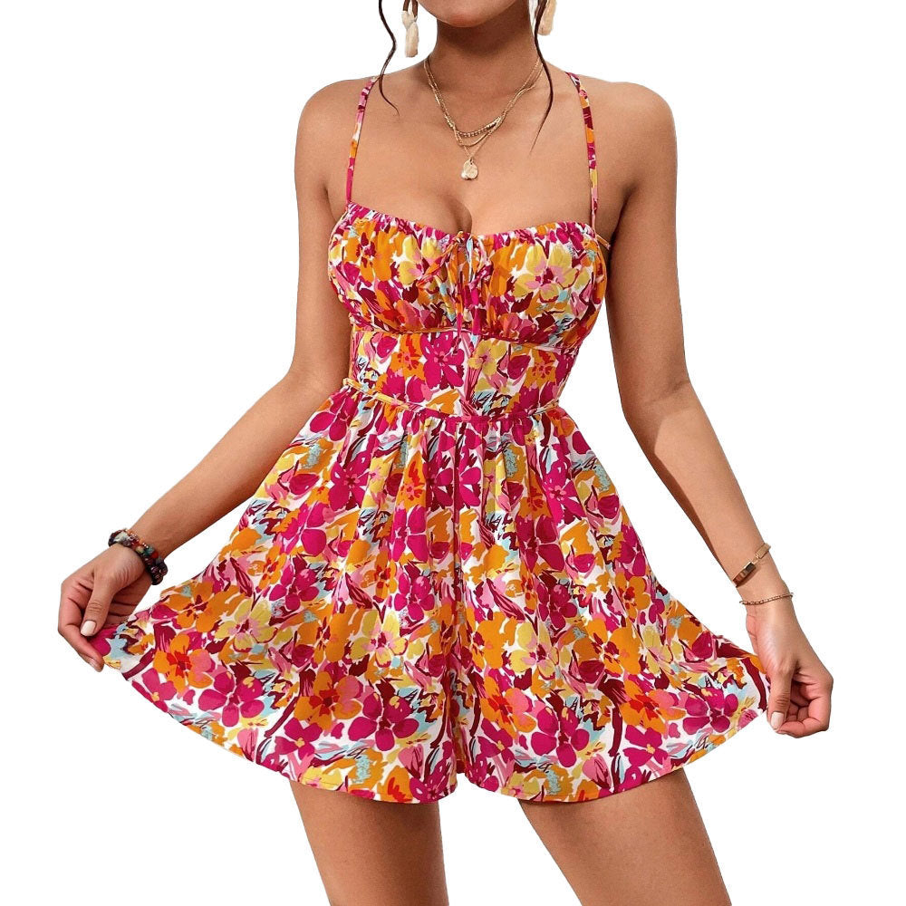 Vestido corto de verano con estampado floral y espalda con cordones para mujer, ideal para vacaciones en la playa.