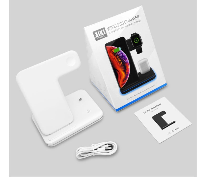 Cargador inalámbrico 3 en 1 compatible con teléfono móvil, reloj y auriculares.