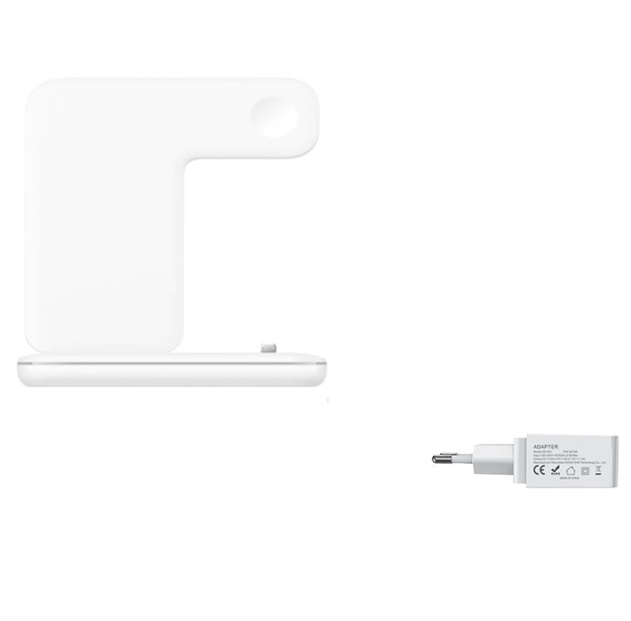 Cargador inalámbrico 3 en 1 compatible con teléfono móvil, reloj y auriculares.