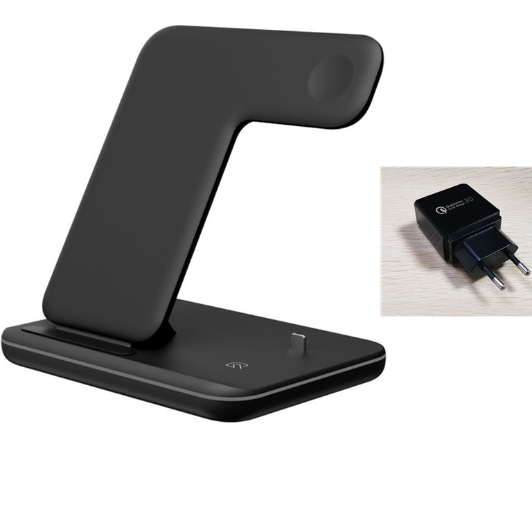 Cargador inalámbrico 3 en 1 compatible con teléfono móvil, reloj y auriculares.