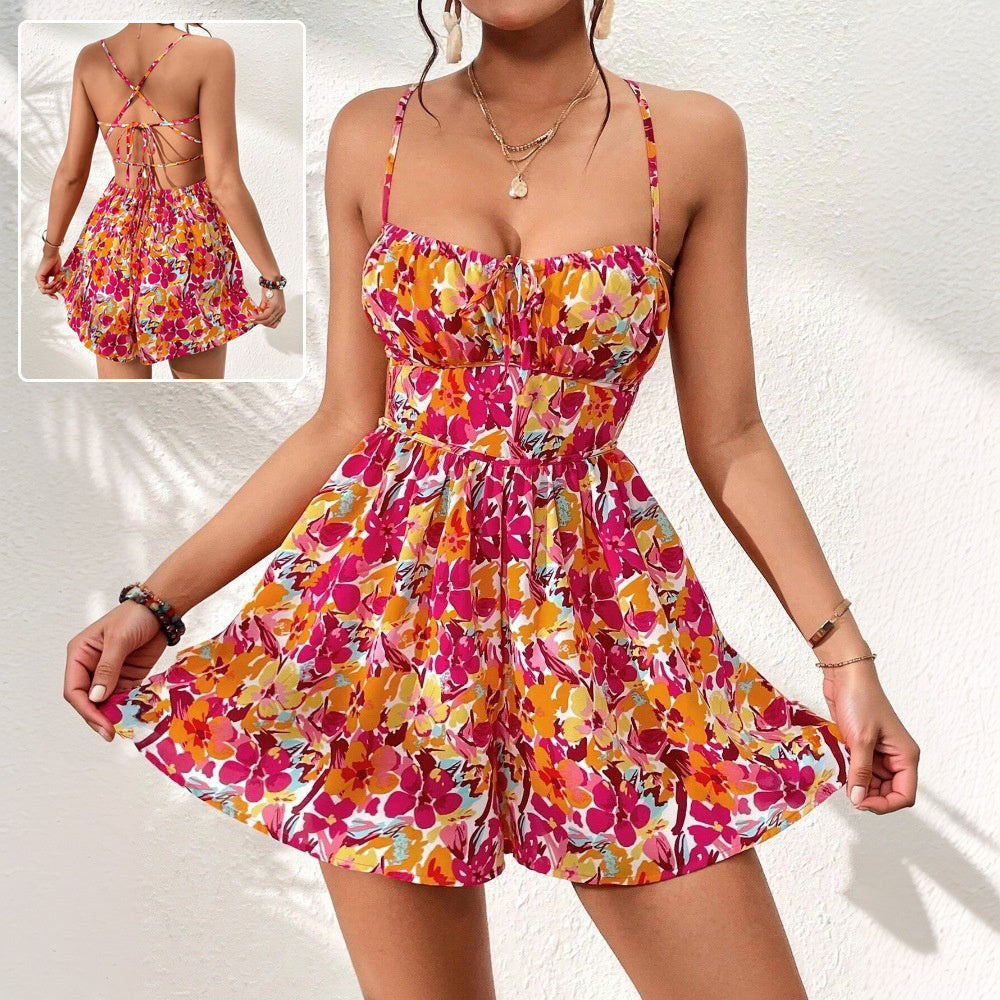 Vestido corto de verano con estampado floral y espalda con cordones para mujer, ideal para vacaciones en la playa.