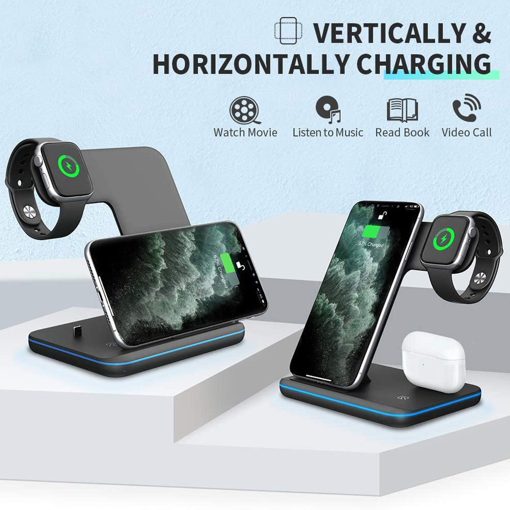 Cargador inalámbrico 3 en 1 compatible con teléfono móvil, reloj y auriculares.