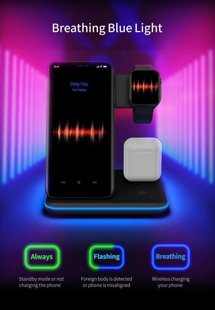 Cargador inalámbrico 3 en 1 compatible con teléfono móvil, reloj y auriculares.