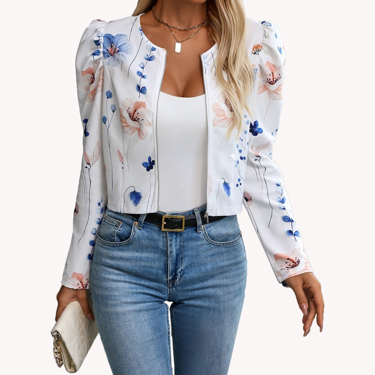 Printed Gigot Sleeve Long Sleeve Thin Jacket