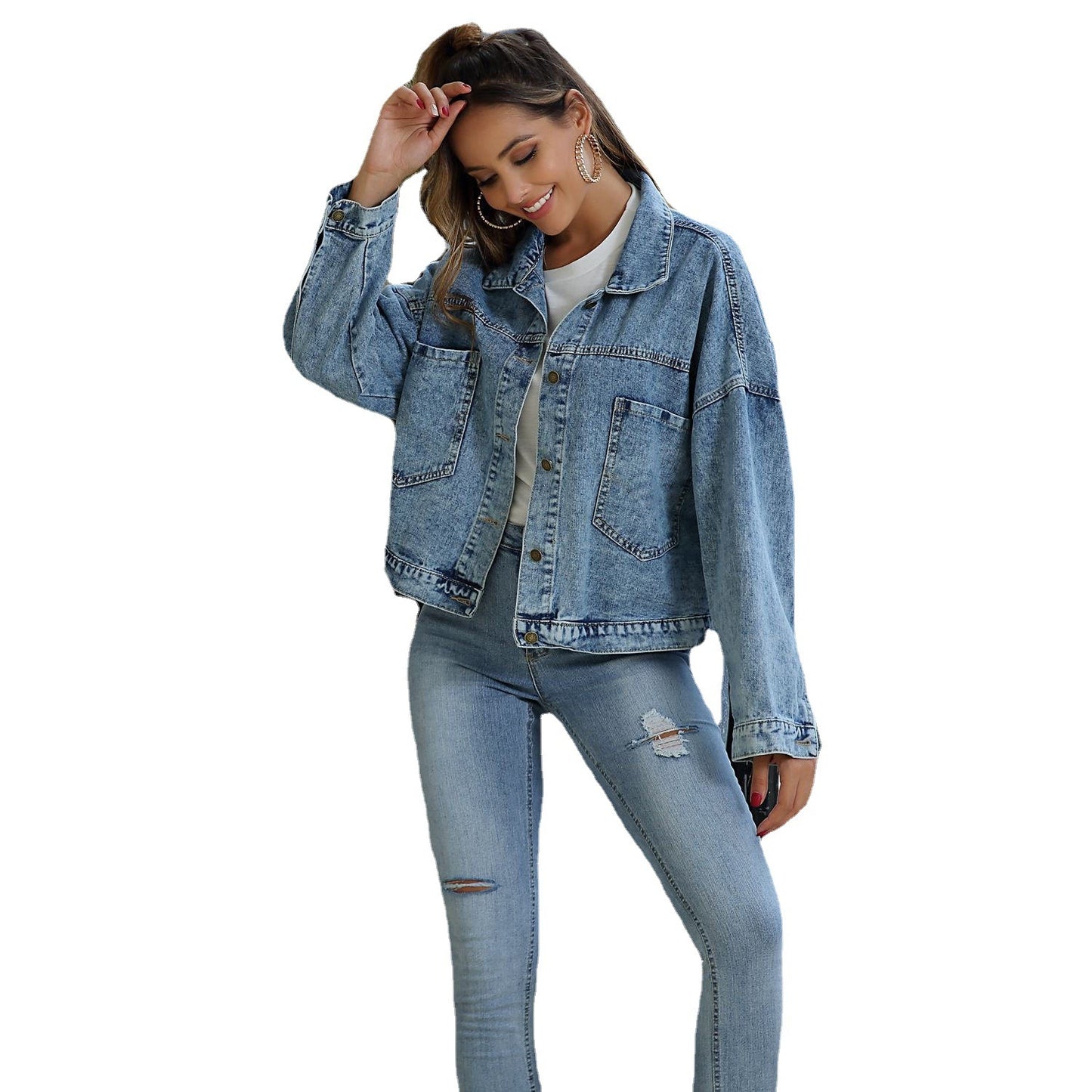 Water Blue Short Loose Casual Denim Jacket