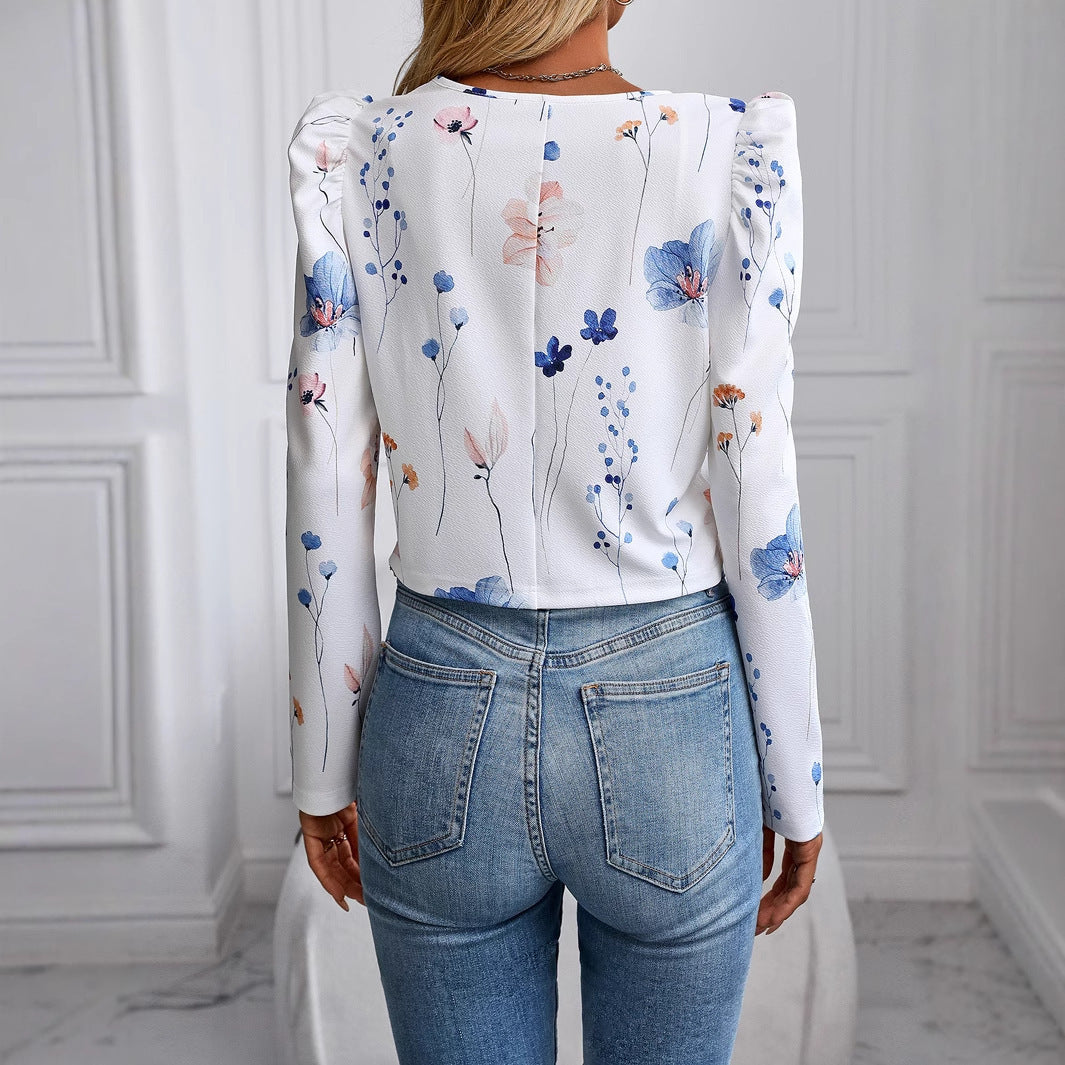 Printed Gigot Sleeve Long Sleeve Thin Jacket