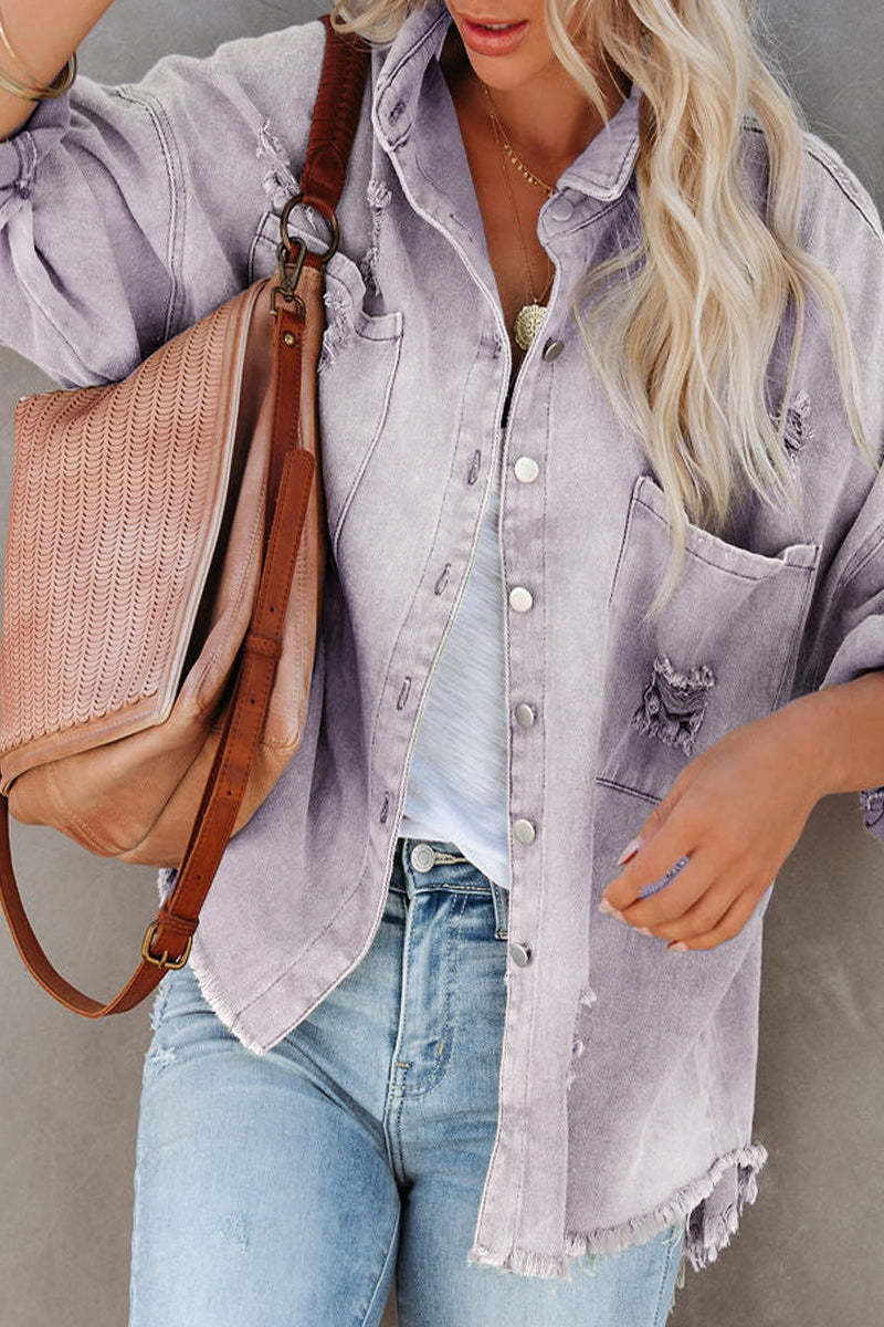 Denim Jacket Long Sleeve Raw Edge Ripped Jacket