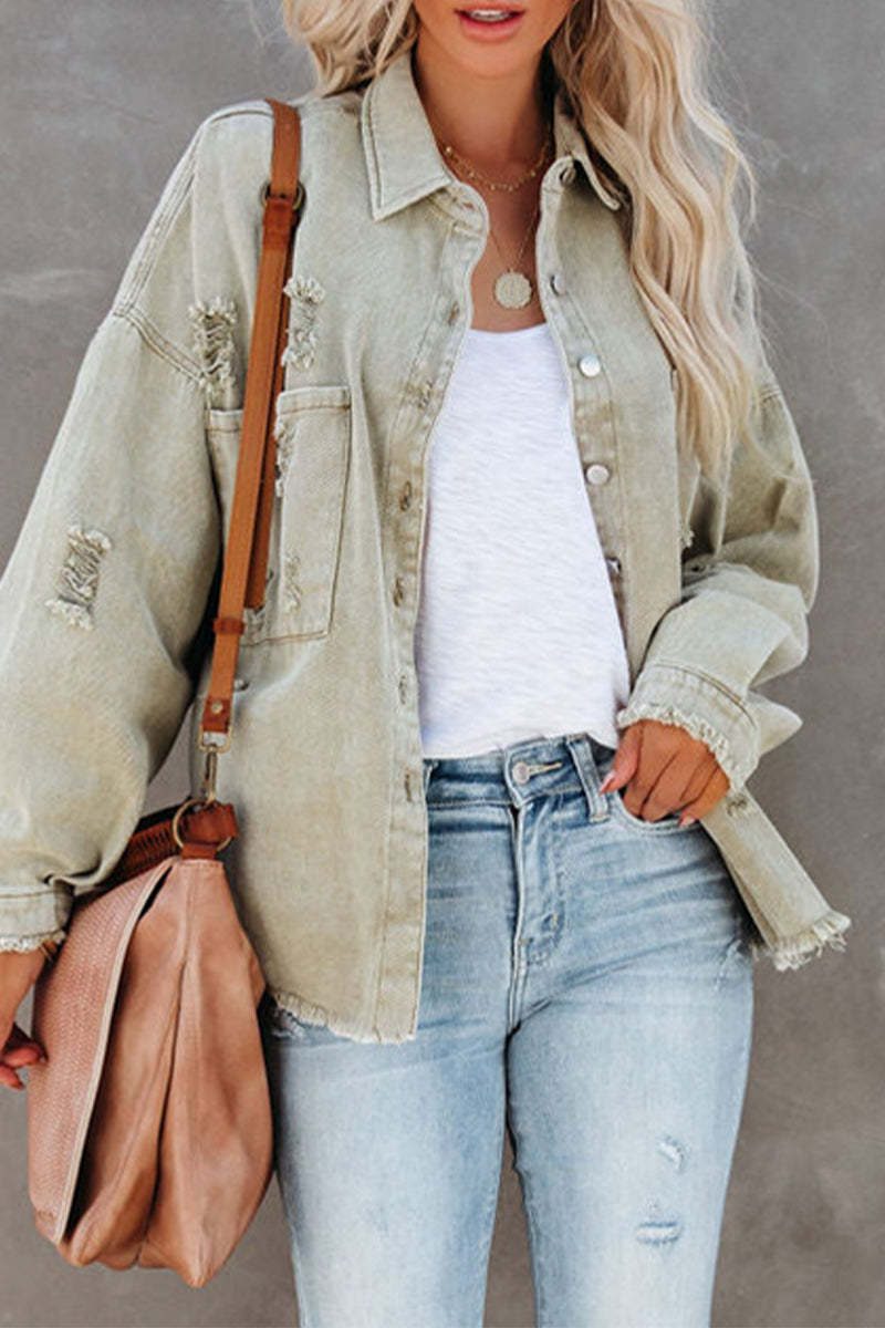 Denim Jacket Long Sleeve Raw Edge Ripped Jacket