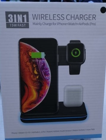 Cargador inalámbrico 3 en 1 compatible con teléfono móvil, reloj y auriculares.