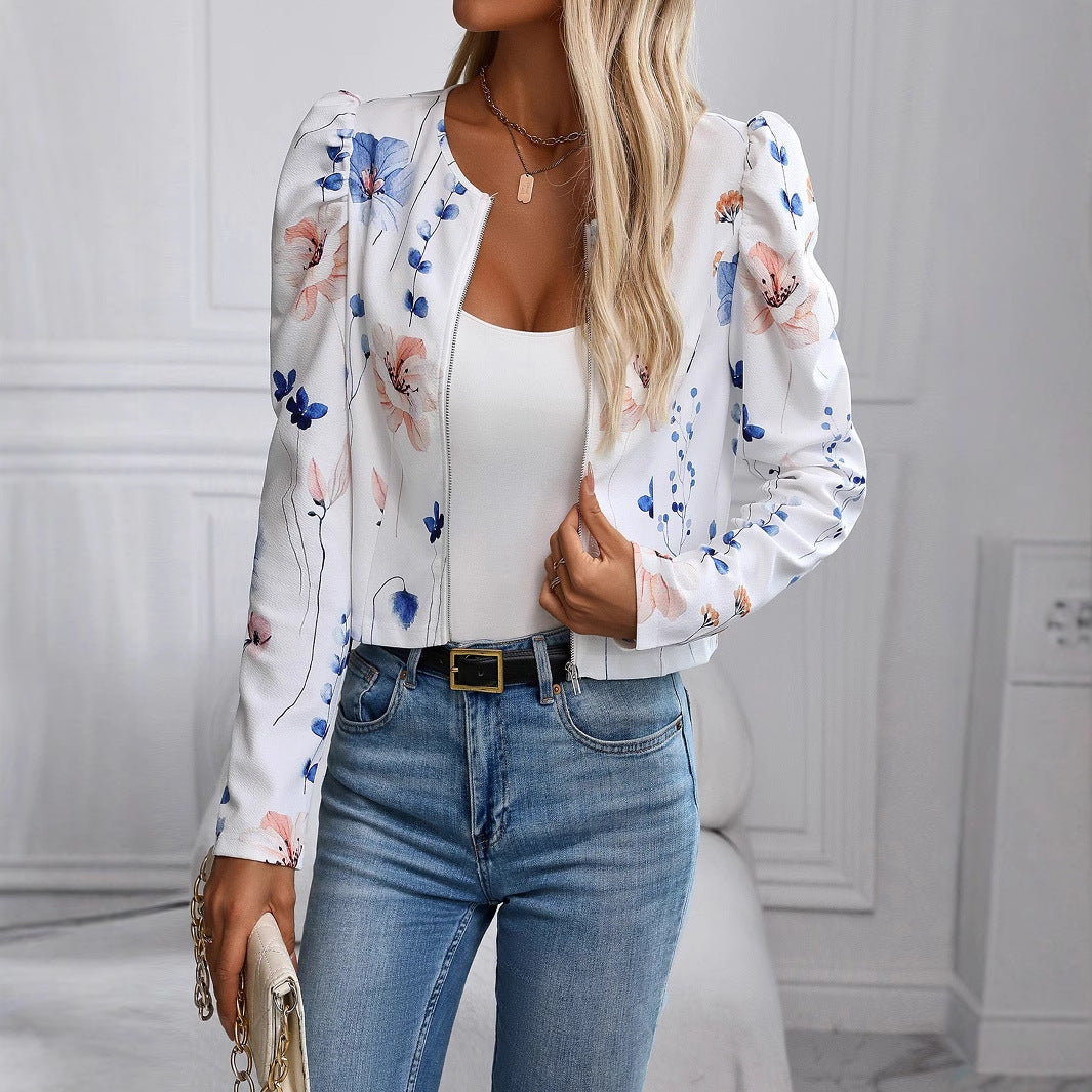 Printed Gigot Sleeve Long Sleeve Thin Jacket