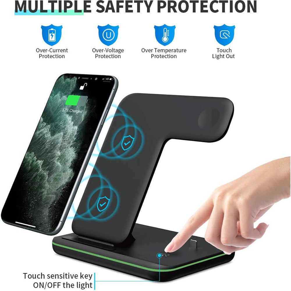 Cargador inalámbrico 3 en 1 compatible con teléfono móvil, reloj y auriculares.