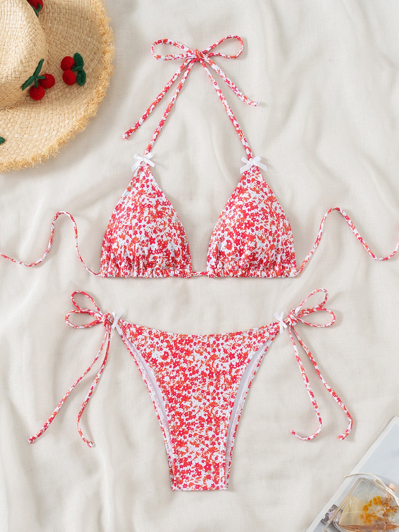 Floral triangle cup lace up sexy bikini split swimsuit 