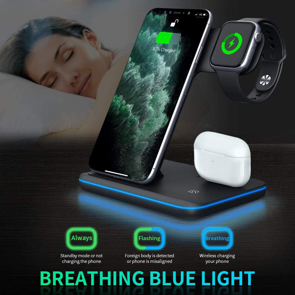 Cargador inalámbrico 3 en 1 compatible con teléfono móvil, reloj y auriculares.