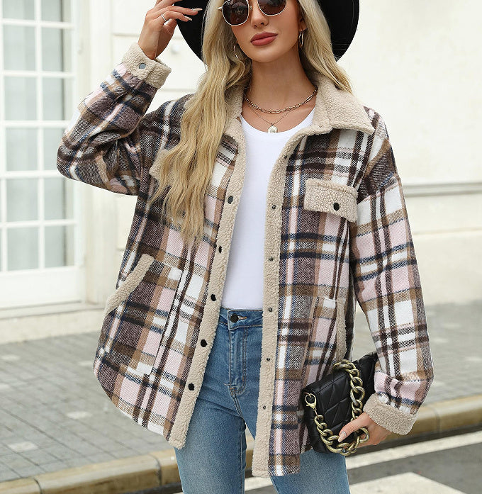 Women's Contrast Color Plaid Jacket Casual