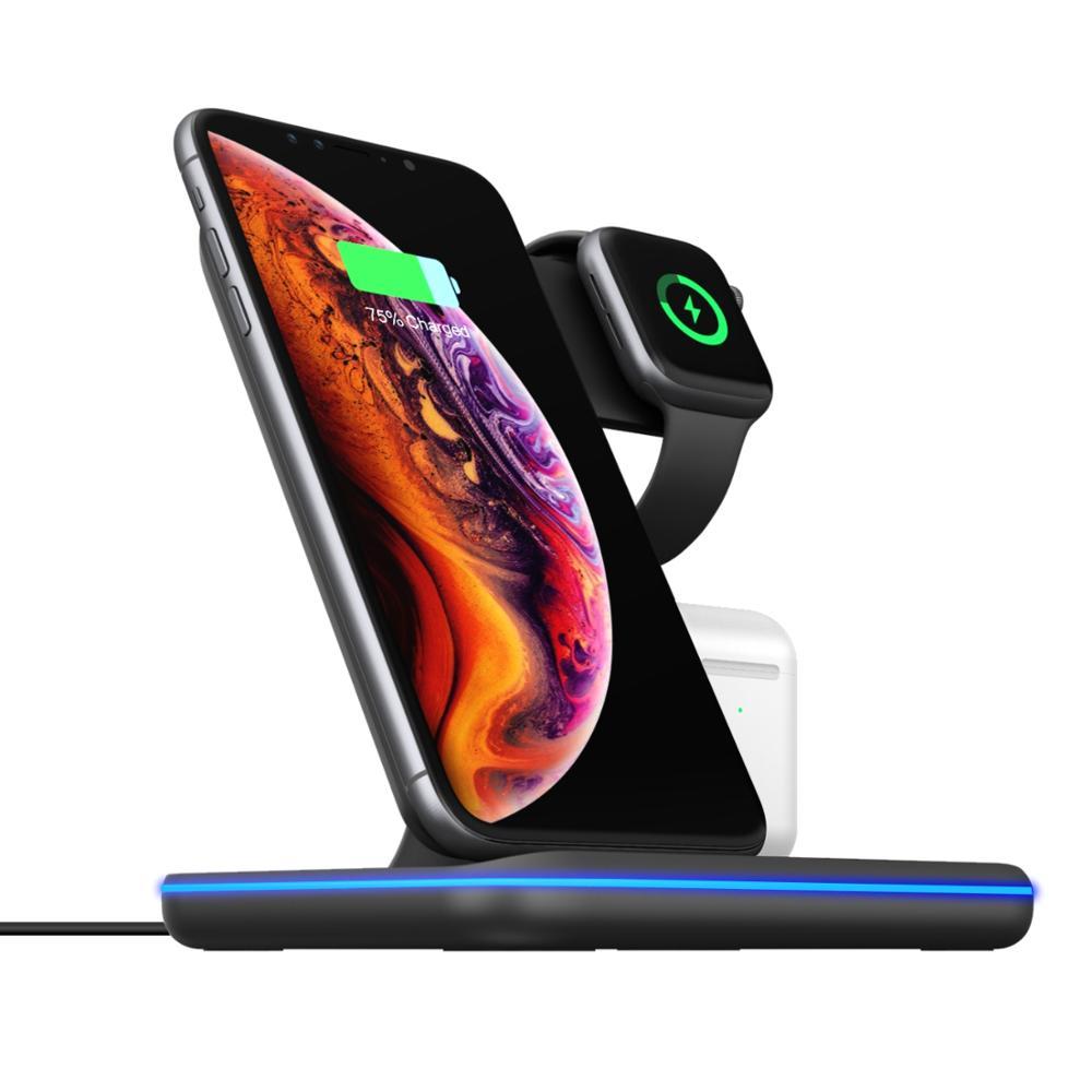 Cargador inalámbrico 3 en 1 compatible con teléfono móvil, reloj y auriculares.