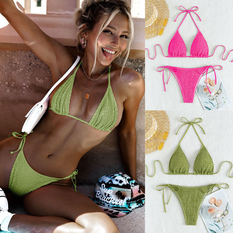 Bikini triangular sexy con cuello colgante y cordones estampados