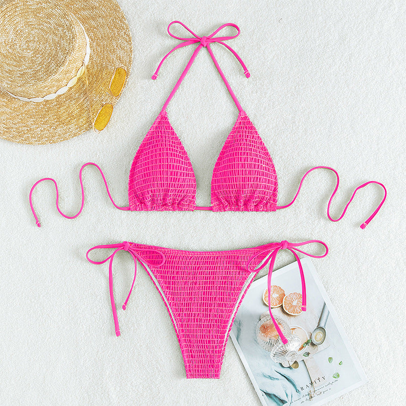 Bikini triangular sexy con cuello colgante y cordones estampados