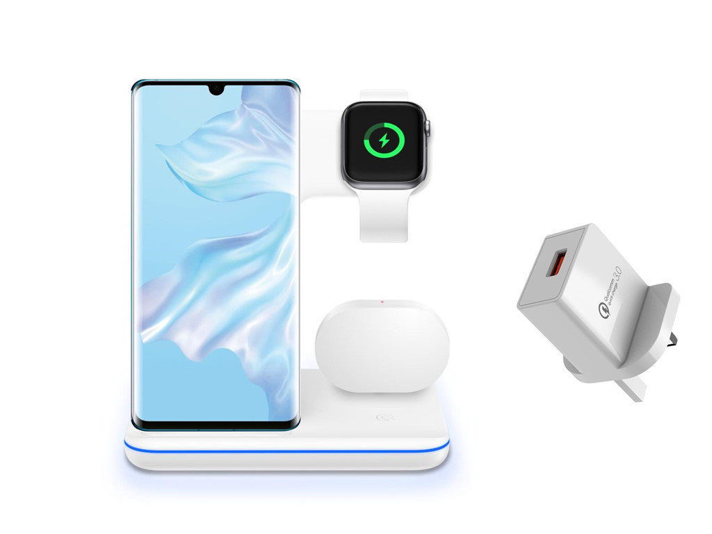 Cargador inalámbrico 3 en 1 compatible con teléfono móvil, reloj y auriculares.
