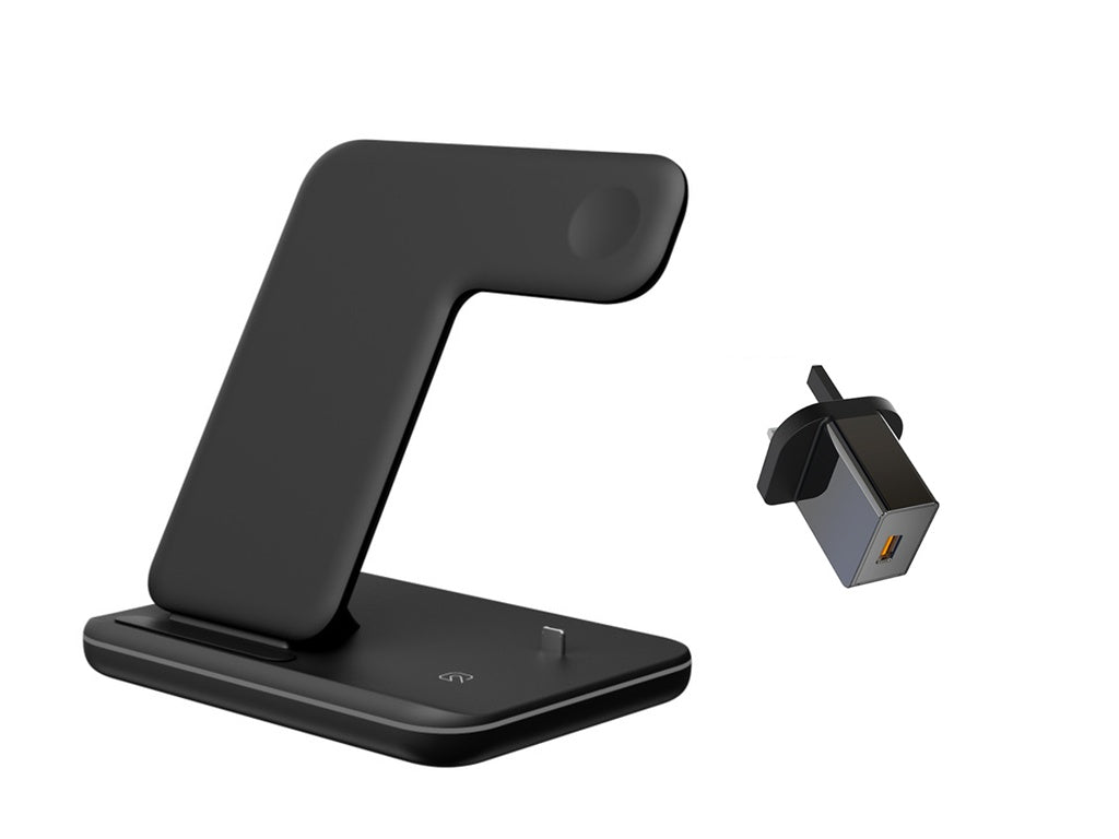 Cargador inalámbrico 3 en 1 compatible con teléfono móvil, reloj y auriculares.