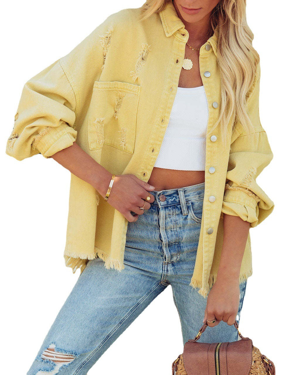 Denim Jacket Long Sleeve Raw Edge Ripped Jacket